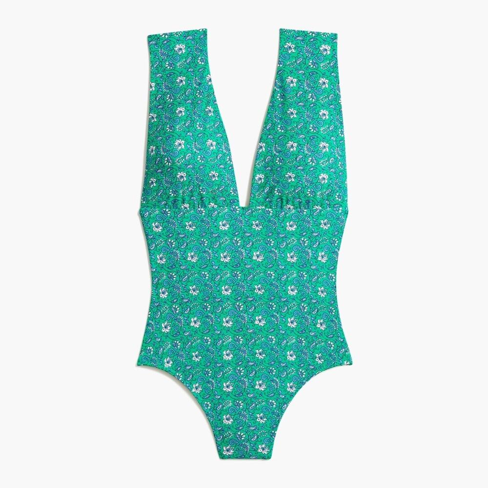 J. Crew Floral Paisley V-neck Plunge One Piece Swimsuit Green Size Large